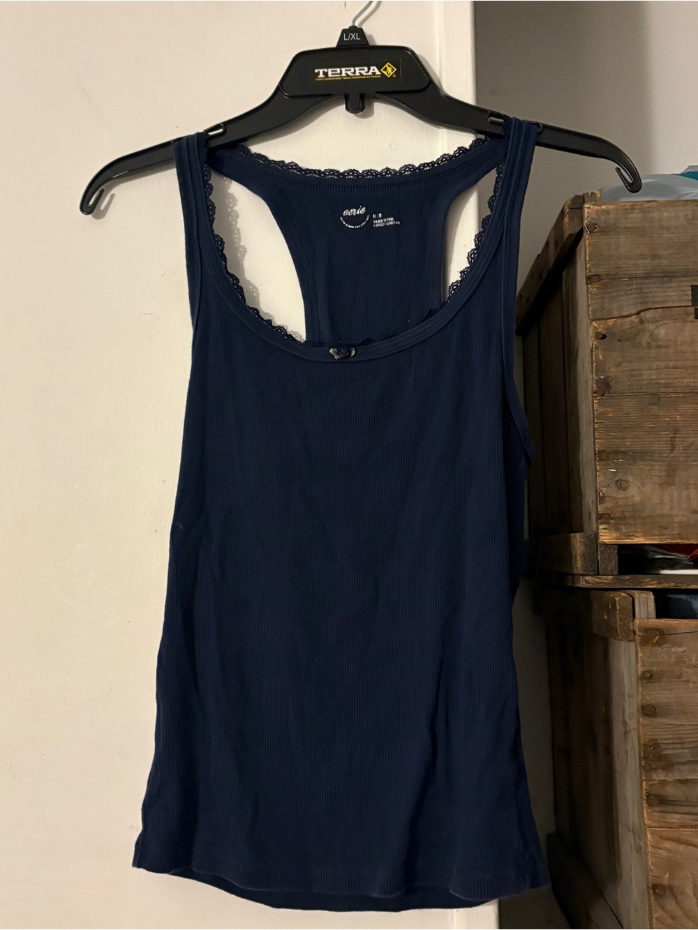 Aerie Navy Ribbed Tank Top Camisole with Lace Trim Size Medium